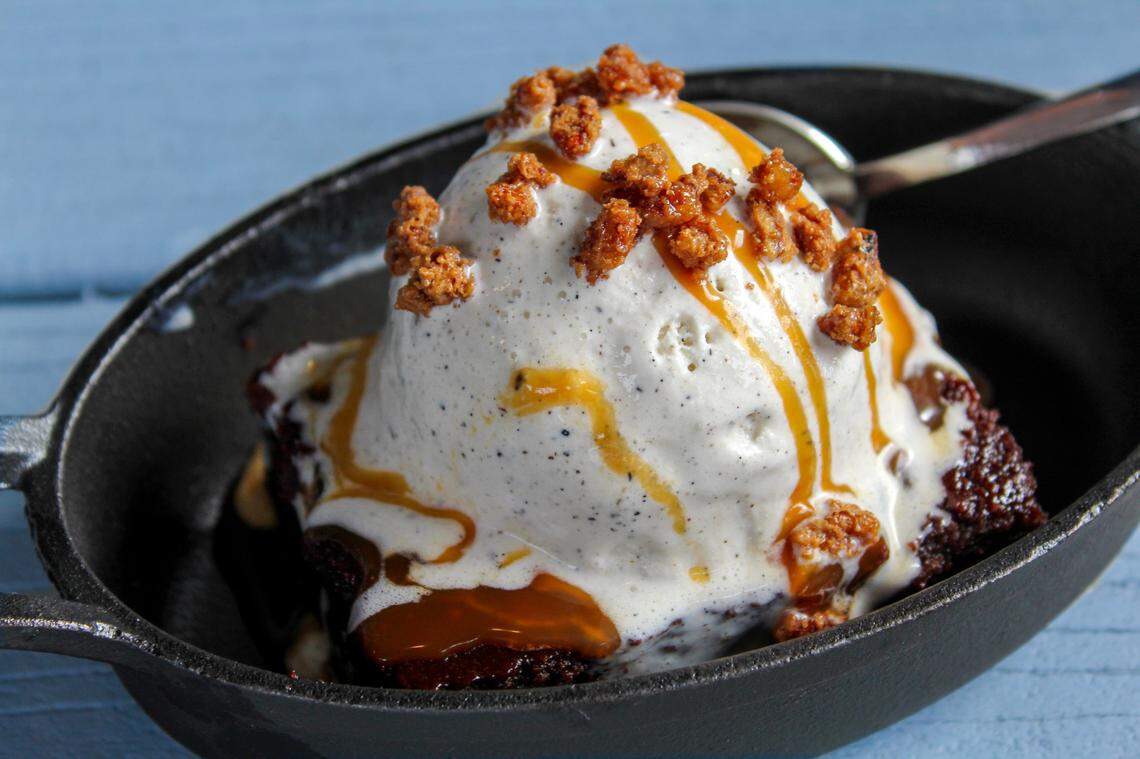 The Brownie Skillet at Catch 110, featuring Ghirardelli chocolate, vanilla bean ice cream, candied pecans and salted caramel.