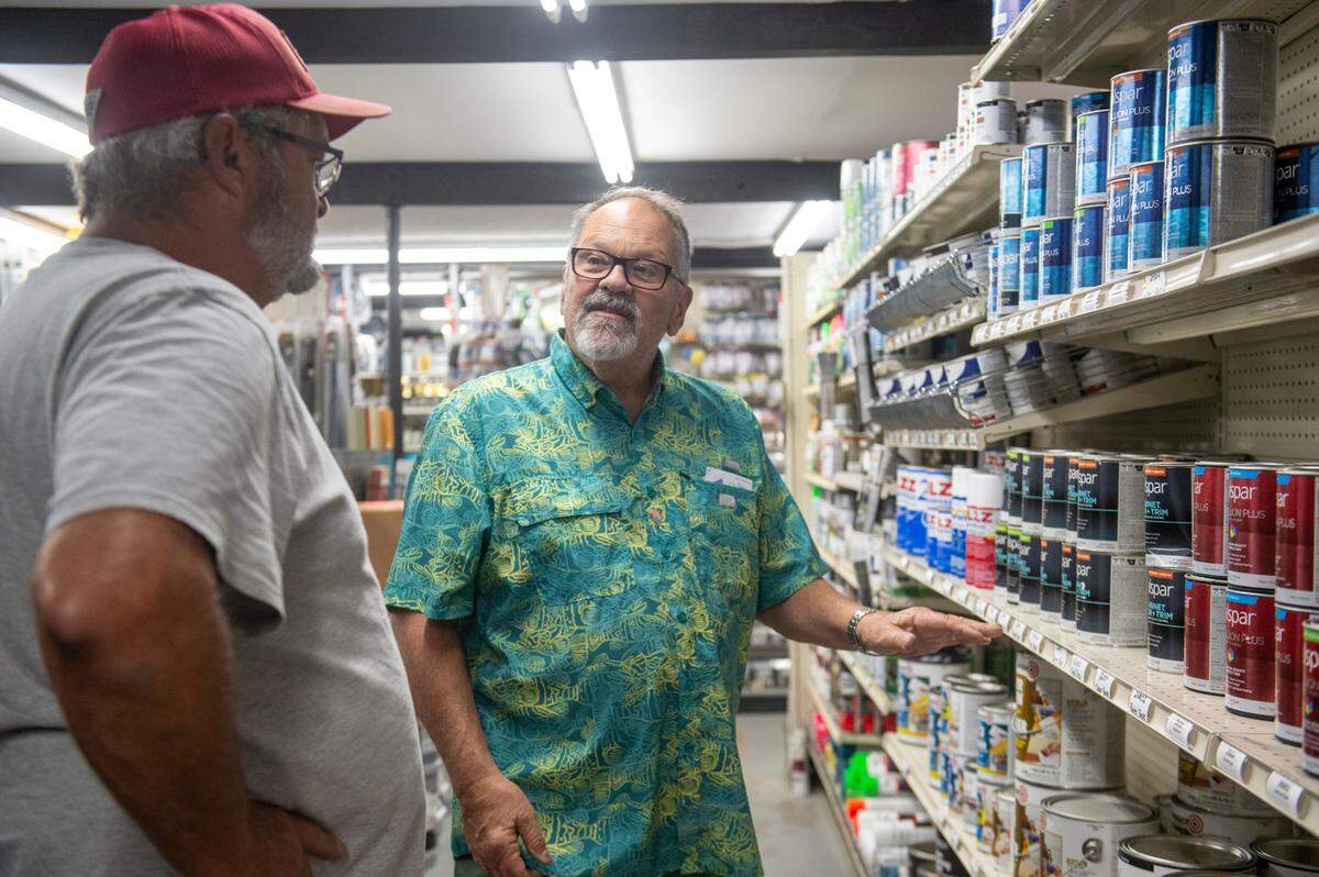 David Hubbard, one of the owners of Hubbard’s Waveland Hardware, helps a customer at the shop in Waveland on Monday, Oct. 7, 2024.