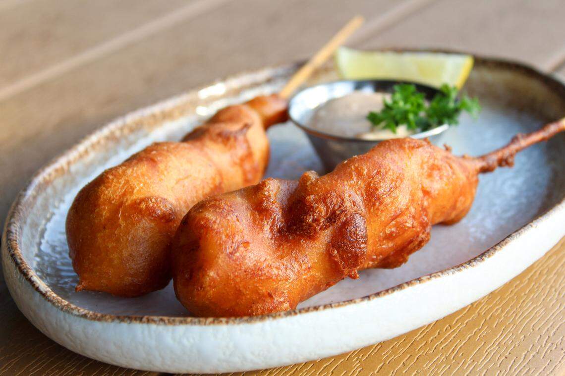 The Lobster Corn Dog at Catch 110 in Biloxi is fried cold water lobster tail served with honey and sriracha lime mayo.
