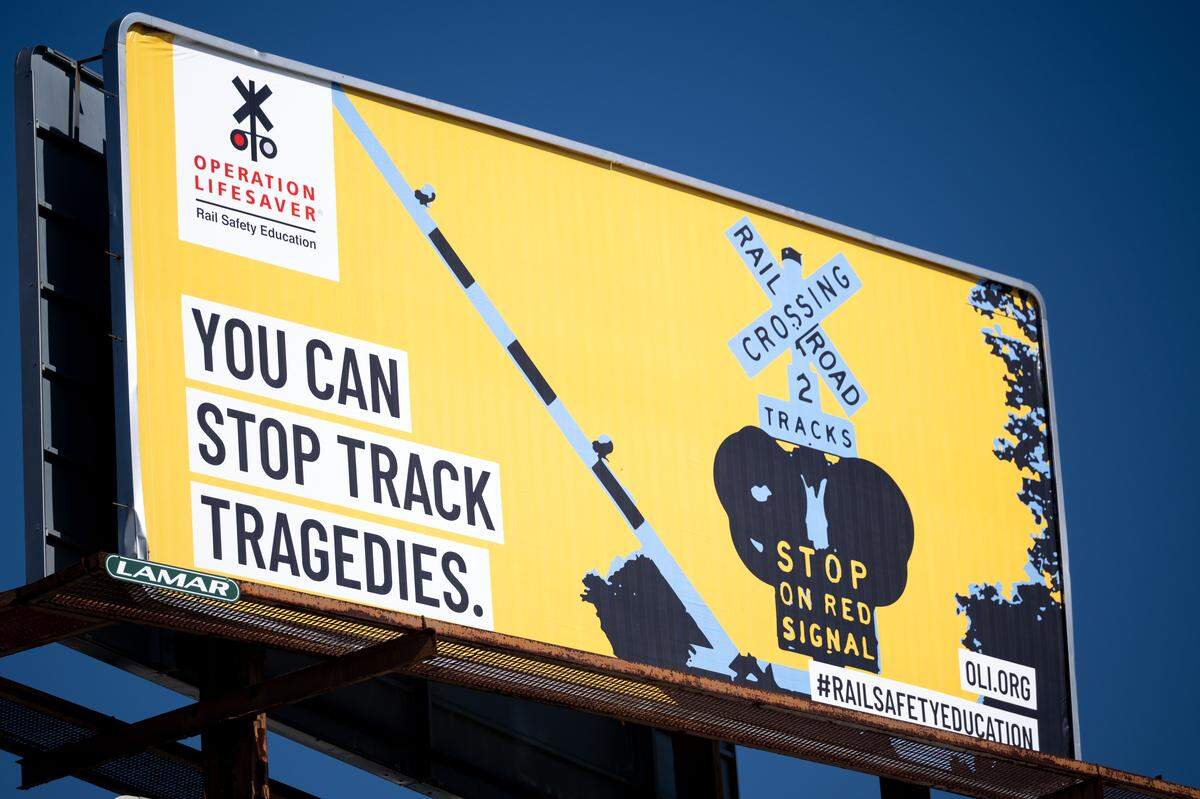 A billboard by Operation Lifesaver spreading awareness about train accidents in Gulfport on Tuesday, Dec. 9, 2025.