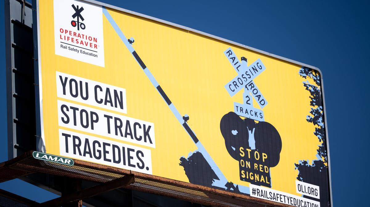 A billboard by Operation Lifesaver spreading awareness about train accidents in Gulfport on Tuesday, Dec. 9, 2025.