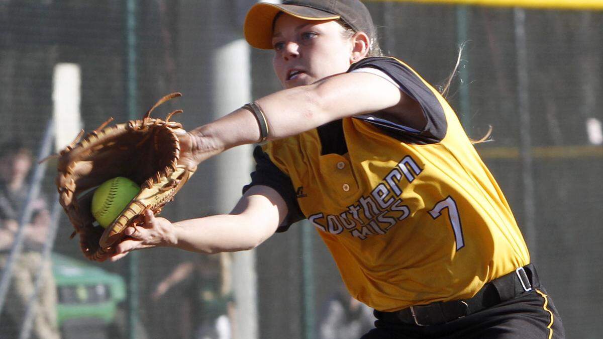 TIM ISBELL/SUN HERALD 
 Southern Miss third baseman Morgan McKeever catches an infield fly against Southeastern Louisiana at the Mississippi Gulf Coast Softball Classic, Friday, Feb. 26, 2016.