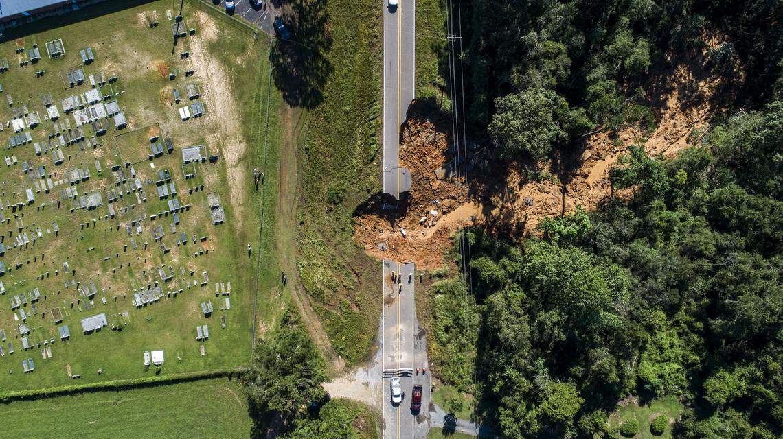 A drone photograph shows the scene where a section Highway 26 collapsed late Monday night, due to heavy rains from Hurricane Ida in the Benndale community in George County, MS Tuesday, Aug. 31, 2021. Two people ere dead and 10 others were injured, three of them critically, the Mississippi Highway Patrol said Tuesday morning.