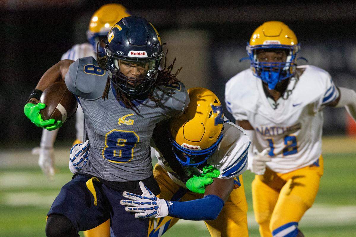 Gautier wide receiver Kanien Rush runs the ball during a 5A playoff game between Gautier and Natchez at Gautier High School on Friday, Nov. 15, 2024.