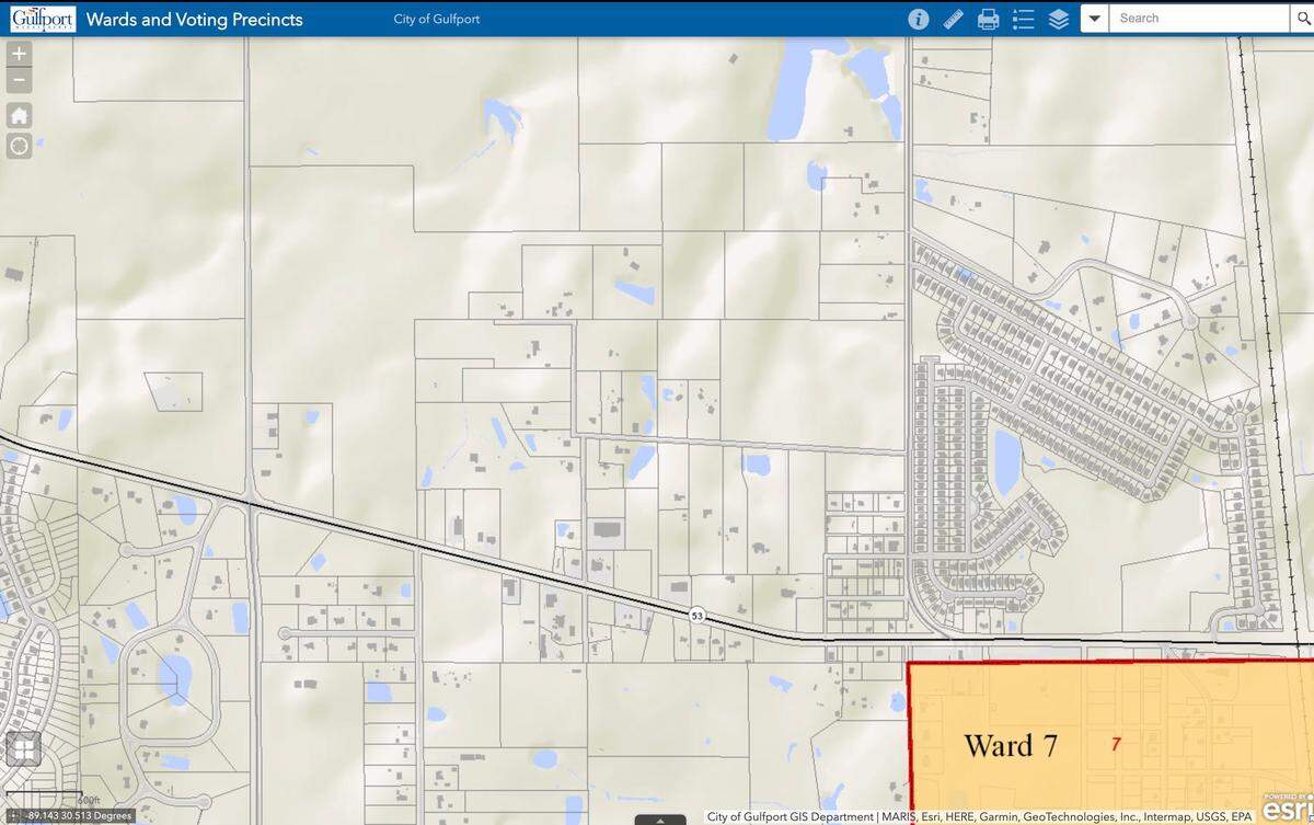 This GIS map shows the Gulfport city limits at Ward 7 in yellow, with the rest of the property being in unincorporated Harrison County around Mississippi Highway 53. It illustrates the variation in lot sizes as subdivisions expand into rural areas.