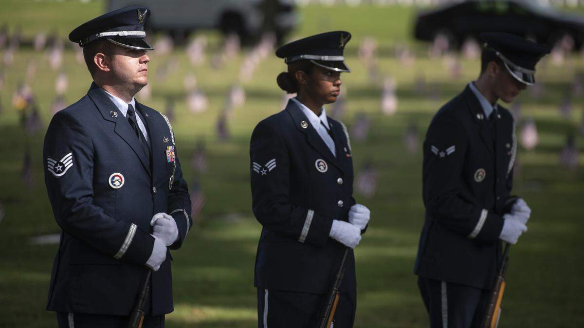 Members of the Keesler Air Force Base Honor Guard during a Memorial Day ceremony at Biloxi National Cemetery in Biloxi on Monday, May 26, 2025.