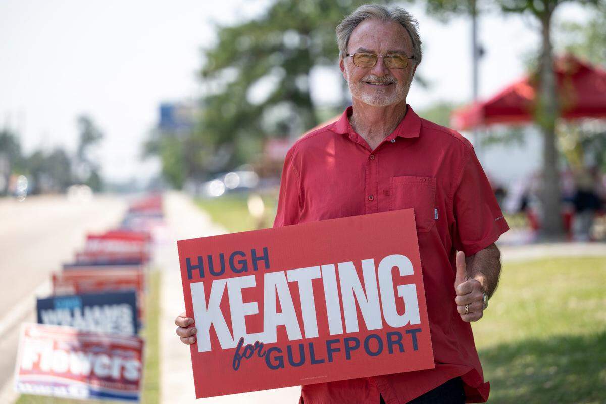 Hugh Keating, the Republican candidate for Gulfport mayor, poses for a portrait outside the Orange Grove Community Center voting precinct on Tuesday, June 3, 2025.