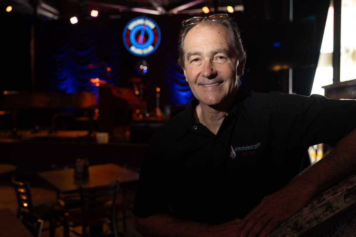 Production Lead Mick Steele poses for a portrait in front of the stage at Ground Zero Blues Club & Restaurant in Biloxi on Wednesday, July 15, 2026.