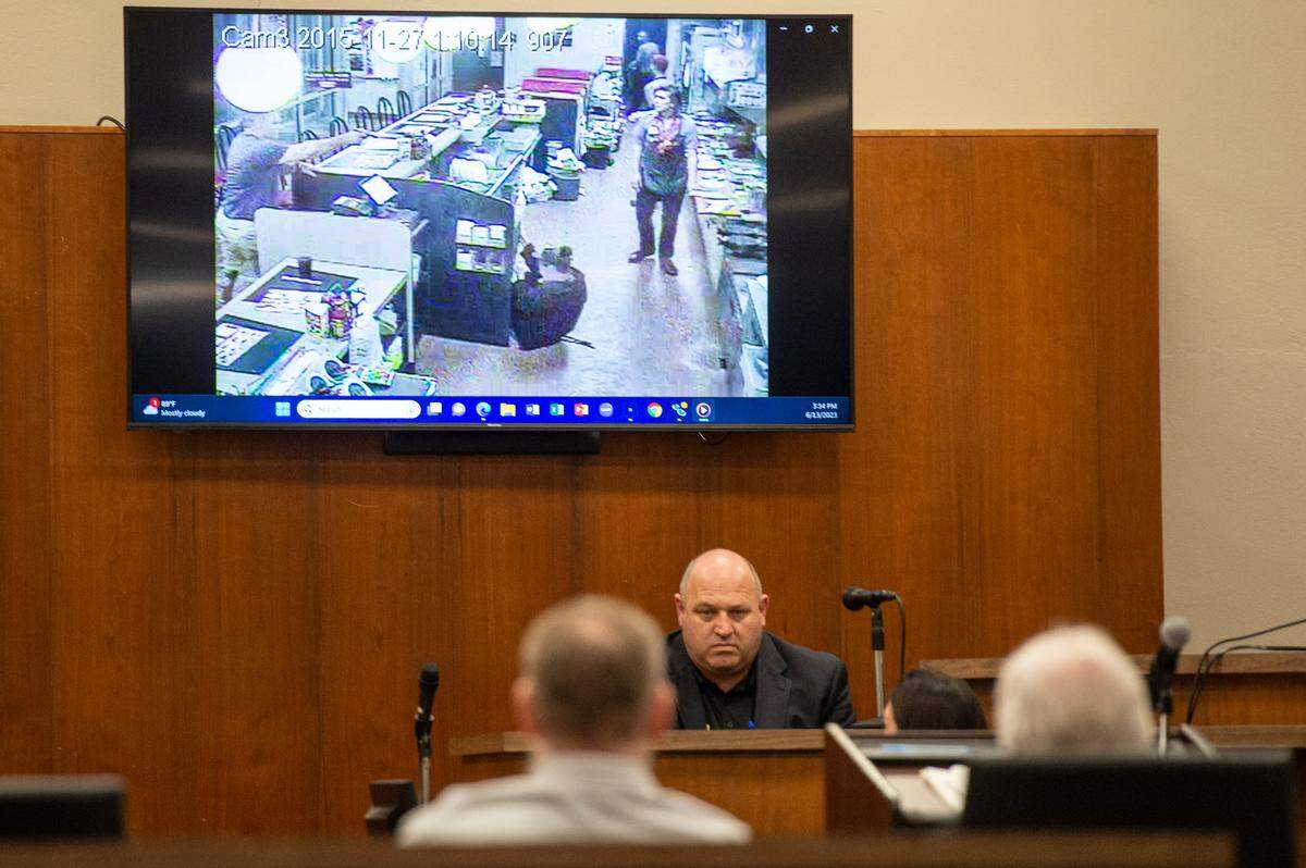 Security footage showing the shooting of Julie Brightwell is played during day one of the trial of Johnny Max Mount for the 2015 murder of Julie Brightwell in Harrison County Court in Biloxi on Tuesday, June 13, 2023.