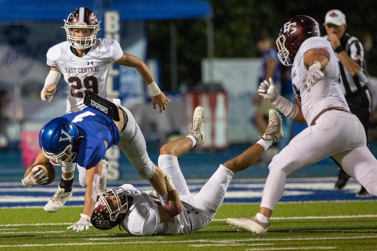 Vancleave’s John Peterson gets tackled during a game between Vancleave and East Central at Vancleave Football Stadium in Vancleave on Thursday, Nov. 3, 2022.