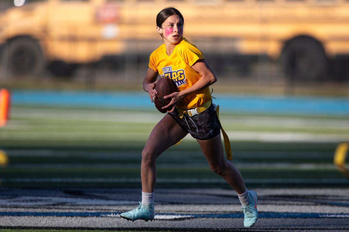 St. Martin’s Jalyn Nguyen looks to throw a pass during a Jamboree game at Vancleave on Thursday, March 20, 2025.