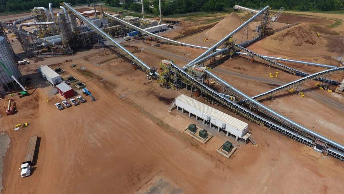 An aerial shot of Enviva’s wood pellet plant in Lucedale.