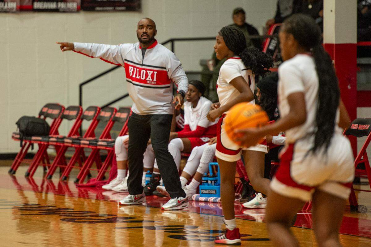 Biloxi Head Coach Devin Hill coaches his players during a game against Harrison Central at Harrison Central High School in Harrison County on Tuesday, Dec. 12, 2023.