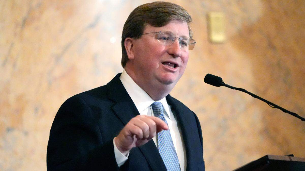 Mississippi Republican Gov. Tate Reeves delivers his State of the State address to the Mississippi State Legislature earlier this year at the state Capitol in Jackson.