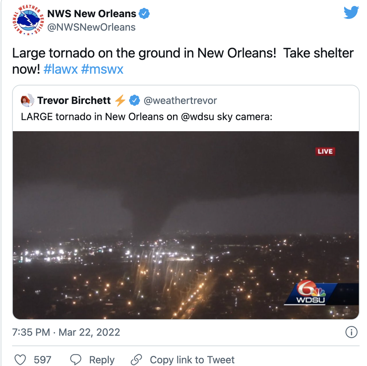 A WDSU-TV traffic camera captured footage of a tornado that touched down in the New Orleans area on March 22, 2022. Widespread damaged reported in the Arabi area.