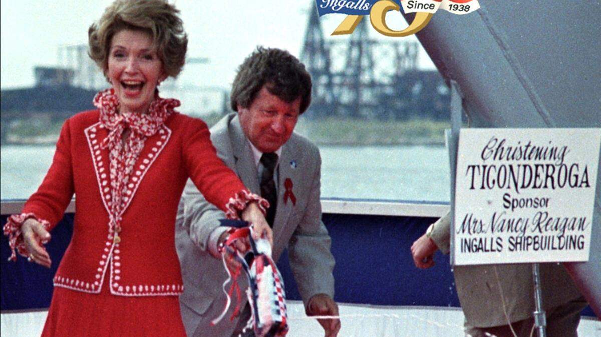 INGALLS SHIPBUILDING
First Lady Nancy Reagan reacts after christening the USS Ticonderoga at Ingalls Shipbuilding in Pascagoula in May 1981.