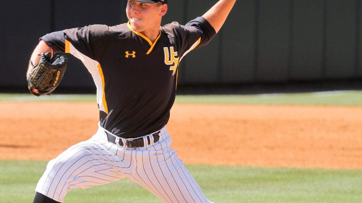 JOHN FITZHUGH/SUN HERALDSouthern Miss relief pitcher Kirk McCarty throws against Rice during the eighth inning of the C-USA championship game on Sunday May 29, 2016 at Pete Taylor Park in Hattiesburg.