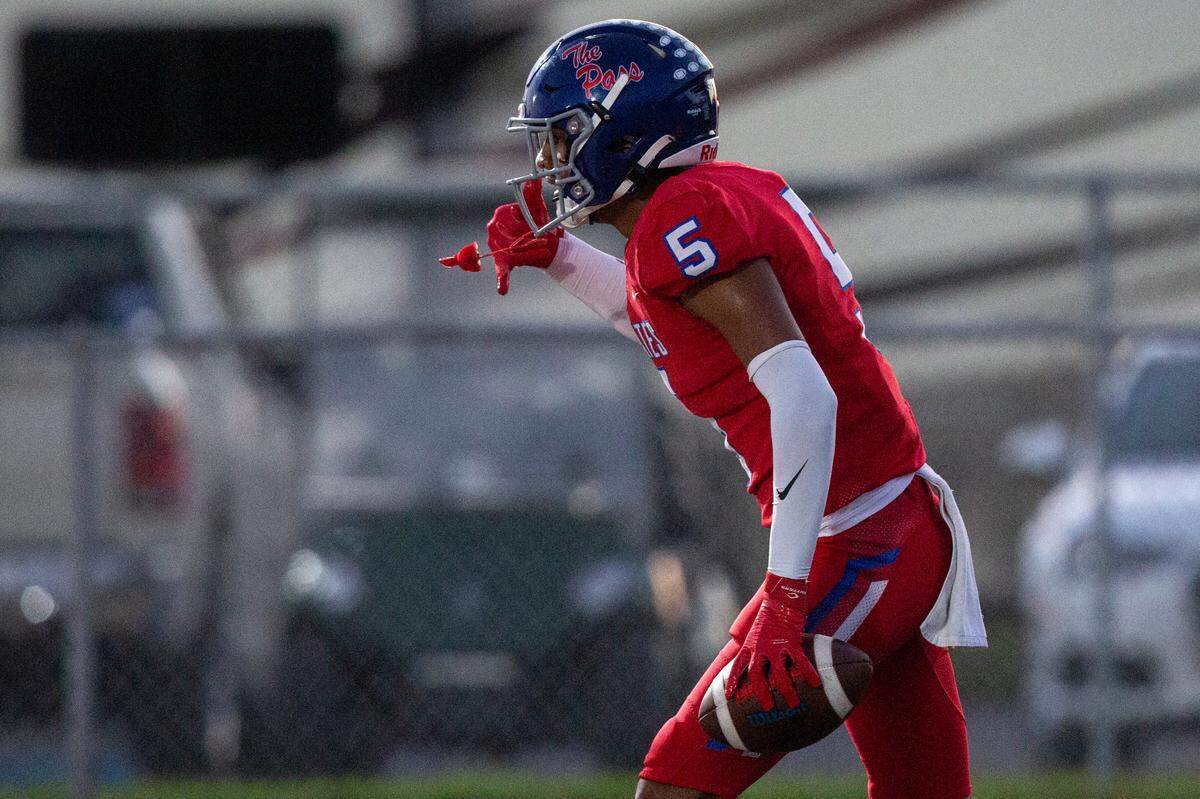 Pass Christian’s Lathan Lewis reacts after scoring a touchdown during a game between Pass Christian and St. Stanislaus at Francis McDonald Stadium in Pass Christian on Friday, Sept. 20, 2024.