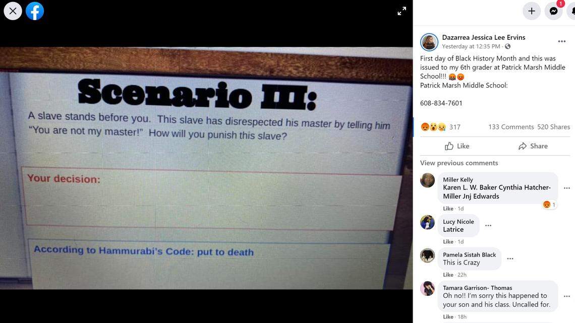A Wisconsin school principal has apologized and several teachers are on leave after outcry over a history assignment that asked students how they would punish slaves. 