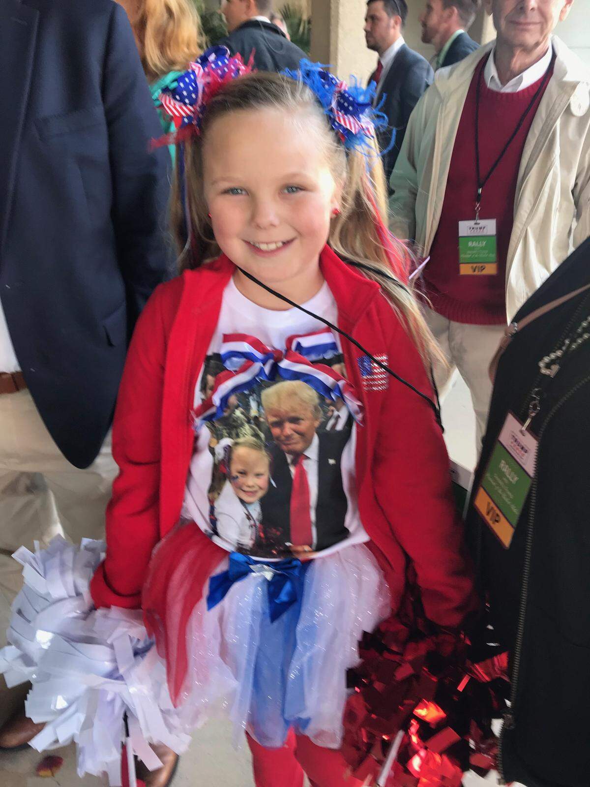 Laci Lamb, 9, got picked for the VIP line while waiting for President Trump’s rally at the Coast Coliseum on Tuesday night. She had her picture taken with Trump almost two years ago, when he campaigned at the Coliseum.