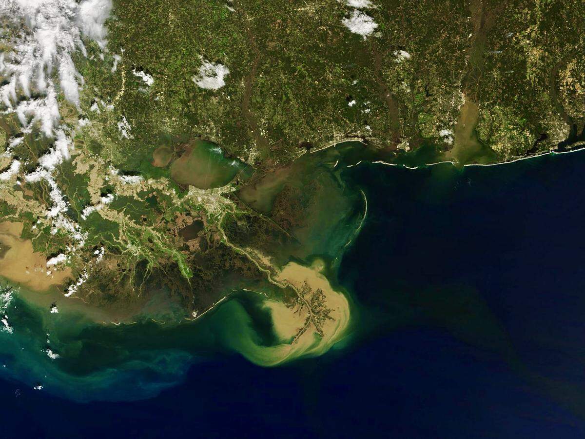 In March 2018, imaging on NASA’s Terra satellite acquired this image of the sediment plume spilling from the Mississippi River into the Gulf of Mexico.
