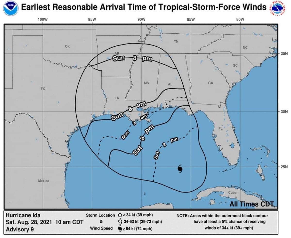 Here is a map of the winds expected from Hurricane Ida.