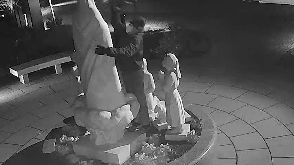 DC Metro Police are searching for a man seen on surveillance video vandalizing the Our Lady of Fatima Statue outside a Catholic church in Washington, D.C., on Dec. 5.