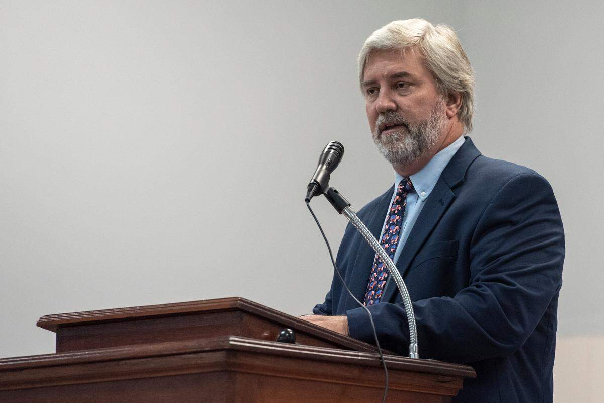 Charles “Chuck” Clark, a candidate for supervisor district 3 in Hancock County, speaks during an election forum at American Legion in Waveland on Monday, July 10, 2023.
