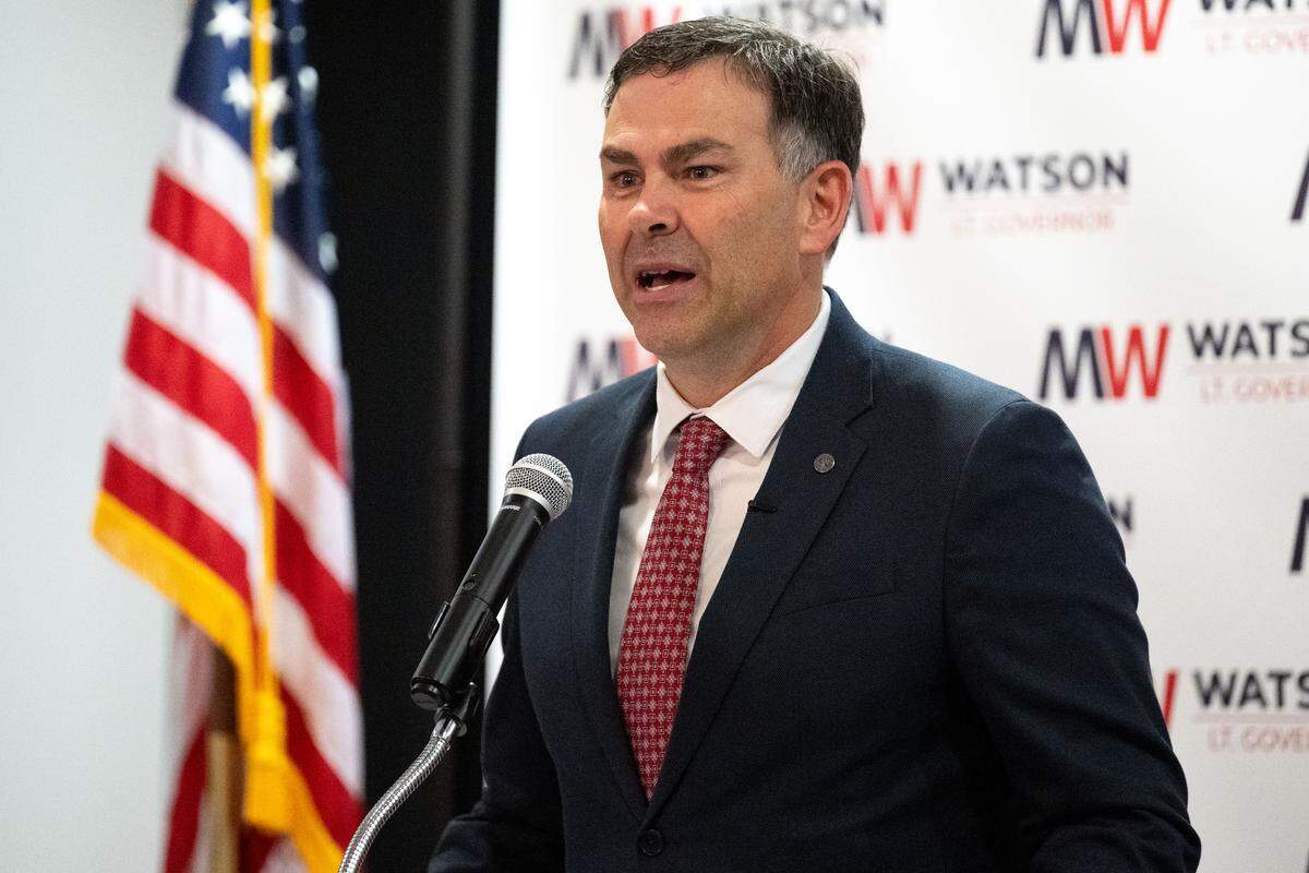Michael Watson gives a speech Tuesday in Pascagoula as he announces his campaign for lieutenant governor.