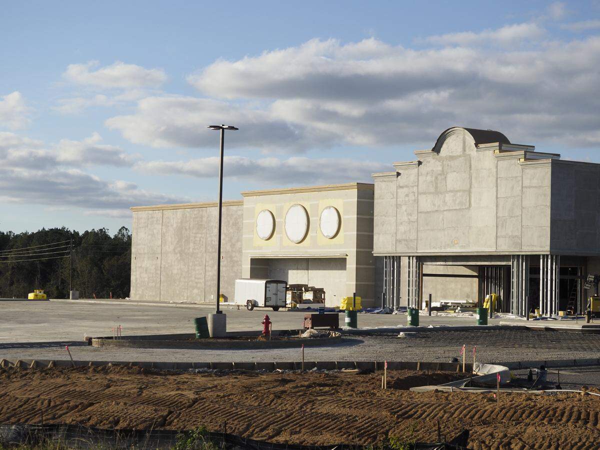 An entrance to the new Buc-ee’s travel center in Harrison County awaits the familiar beaver signs as crews work to get the building ready for a spring opening.
