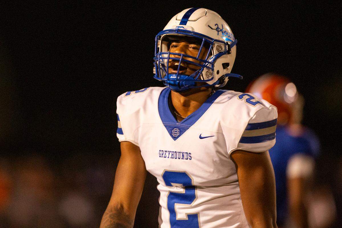 Ocean Springs’ Trace Carter reacts after a play during a game against Gulfport at Milner Stadium in Gulfport on Friday, Oct. 27, 2023. Ocean Springs beat Gulfport 30-7.