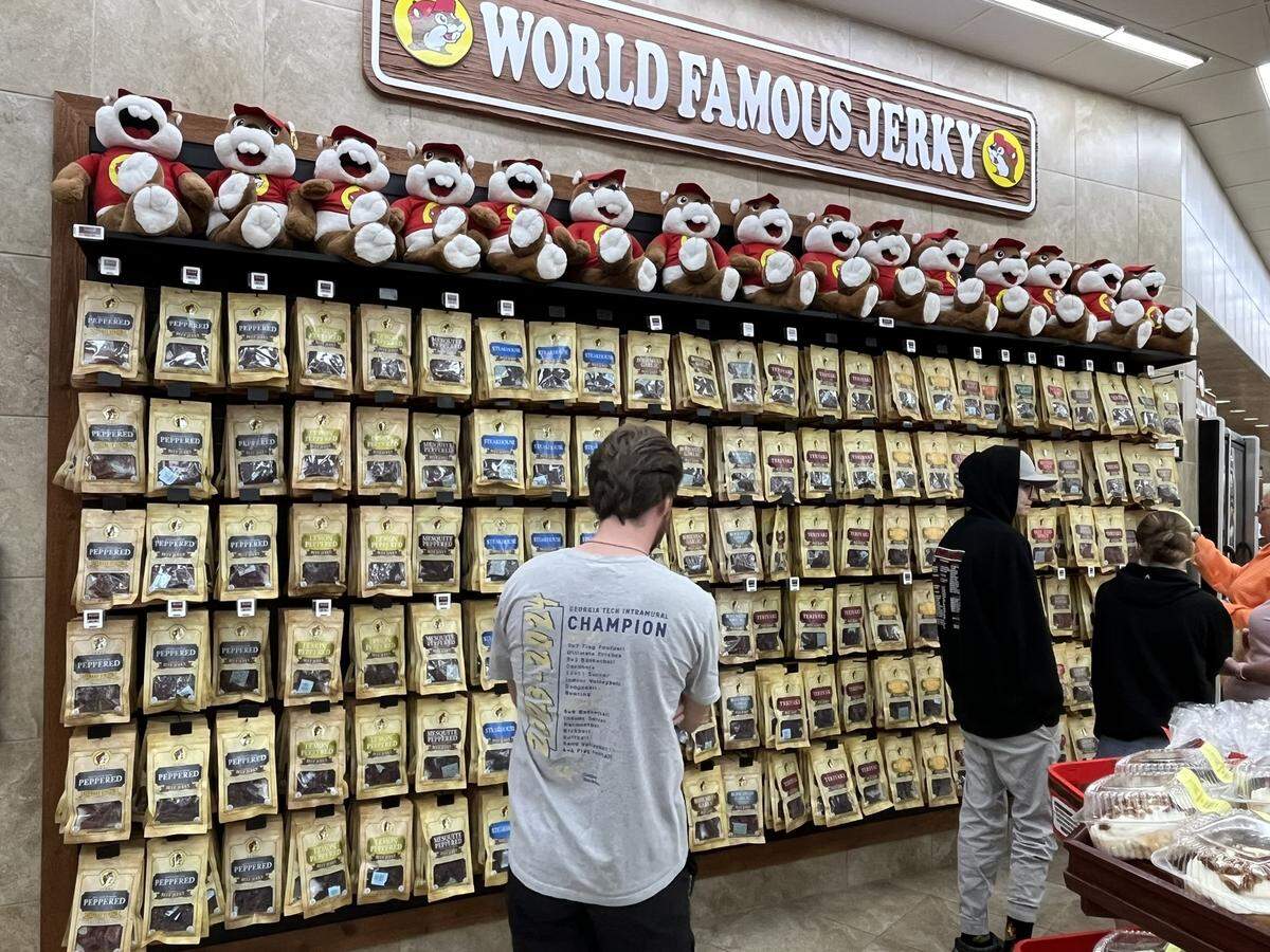 It’s hard to miss the wall of jerky when stopping at a Buc-ee’s, like this one at the travel center in Loxley, Alabama.
