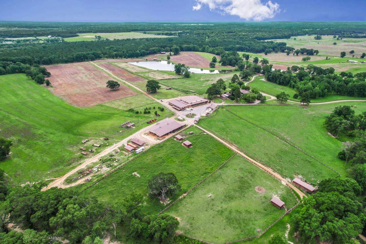 This overhead photo shows the entertainment venue, lodge and various outbuildings at Running Creek Ranch in Pearl River County.