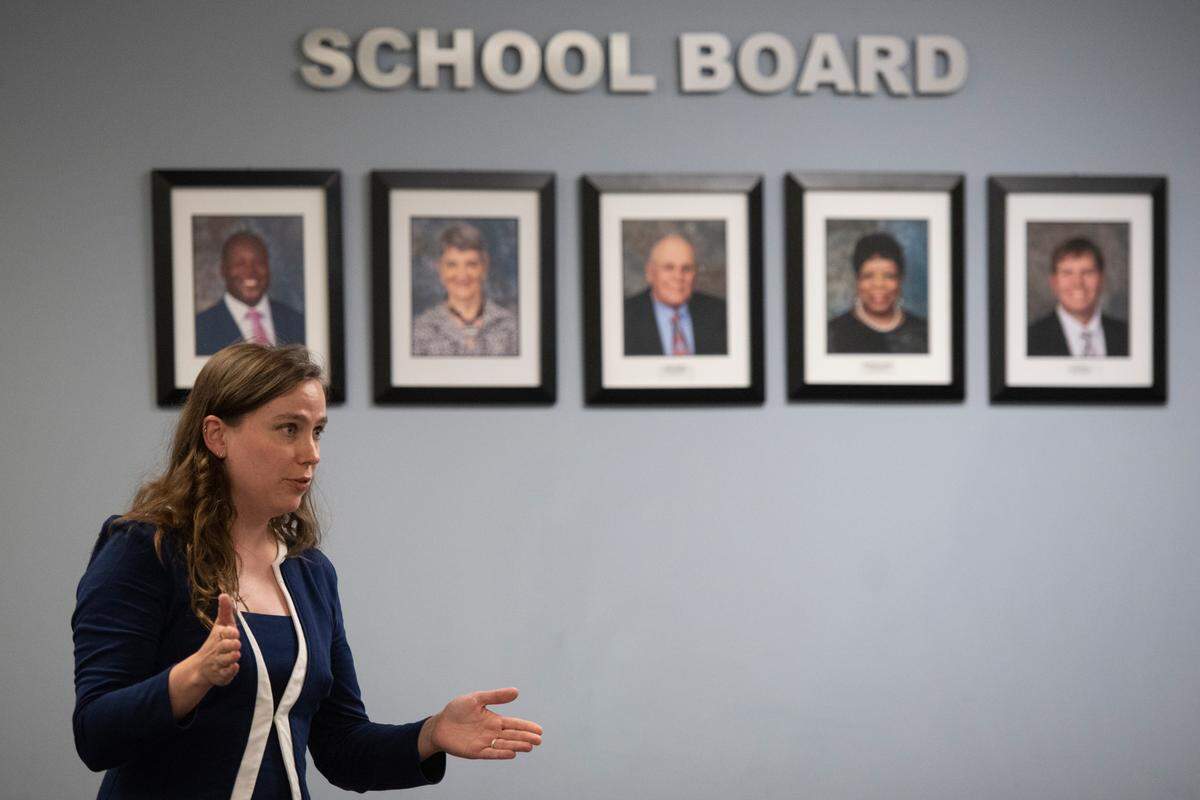 ACLU Attorney McKenna Ramey-Gray asks the Harrison County School Board to make changes to their dress code during a Harrison County School Board meeting at the Central Office in Gulfport on Monday, June 5, 2023.