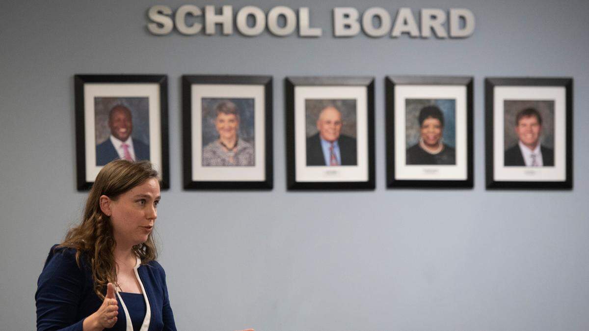 ACLU Attorney McKenna Raney-Gray talks to the Harrison County School Board about its dress code during a June 2023 meeting.