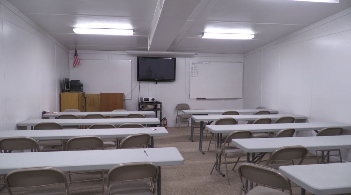 Chairs and tables are arranged for firefighter training at the South Central Fire District in Perkinston. Rural volunteer departments rely on local training programs to prepare new recruits for emergency response.