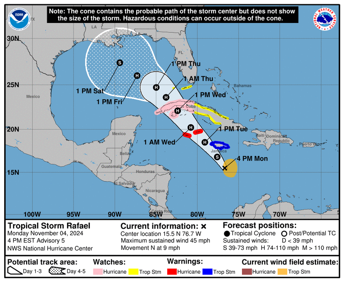 Tropical Storm Rafael formed Monday afternoon in the Caribbean Sea.