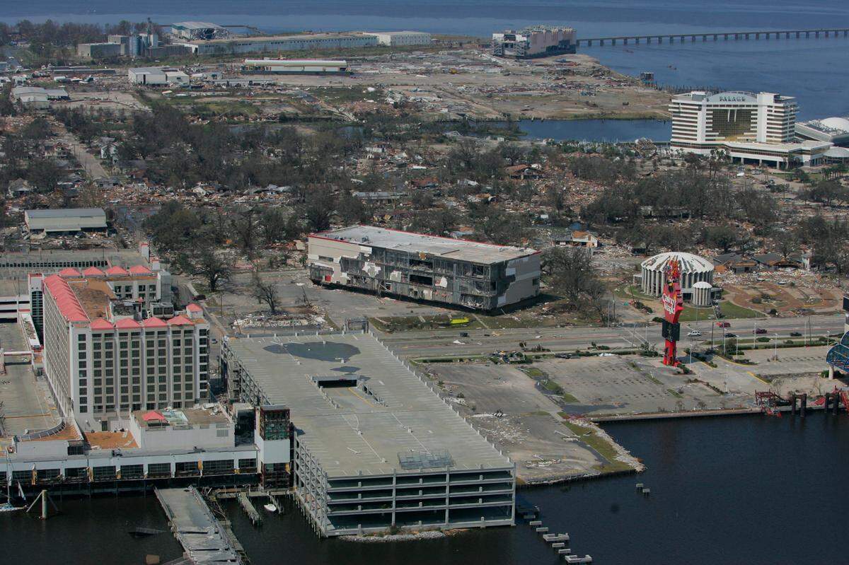 JAMES EDWARD BATES/SUN HERALDCasino Magic barge on the north side of U. S. 90 near St. Michael’s Catholic Church in Biloxi, Miss., on August 30, 2005, the morning after Hurricane Katrina struck the Mississippi Gulf Coast. 