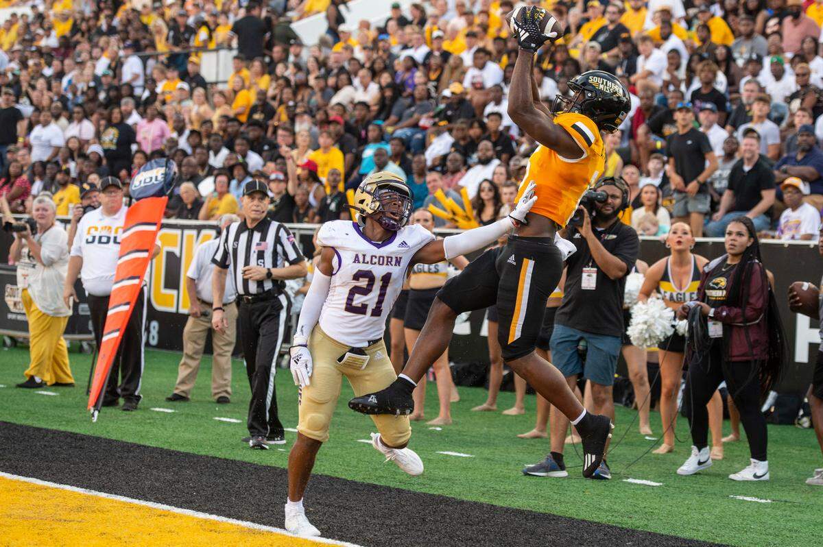 Southern Miss Golden Eagles wide receiver Brandon Hayes (16) catches a pass out of bounds during a Southern Miss game at M.M. Roberts Stadium in Hattiesburg on Saturday, Sept. 2, 2023.