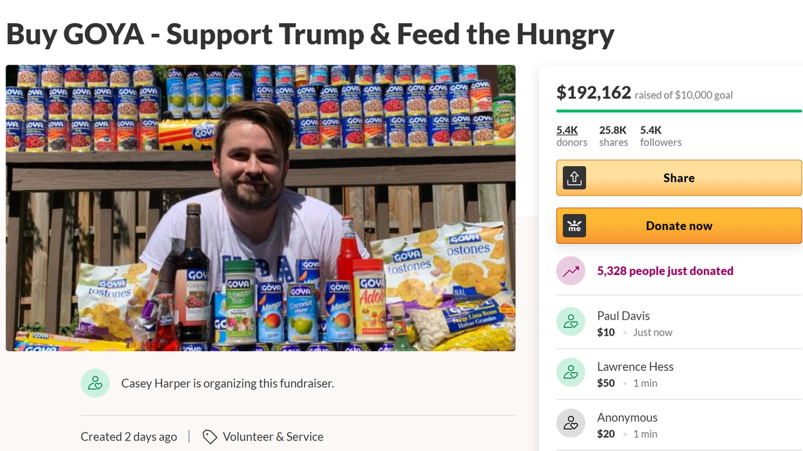 Virginia man Casey Harper, 27, has raised over $190,000 to buy Goya Food products and donate them to local food pantries after pro-Trump comments from the company’s CEO sparked calls for a boycott.