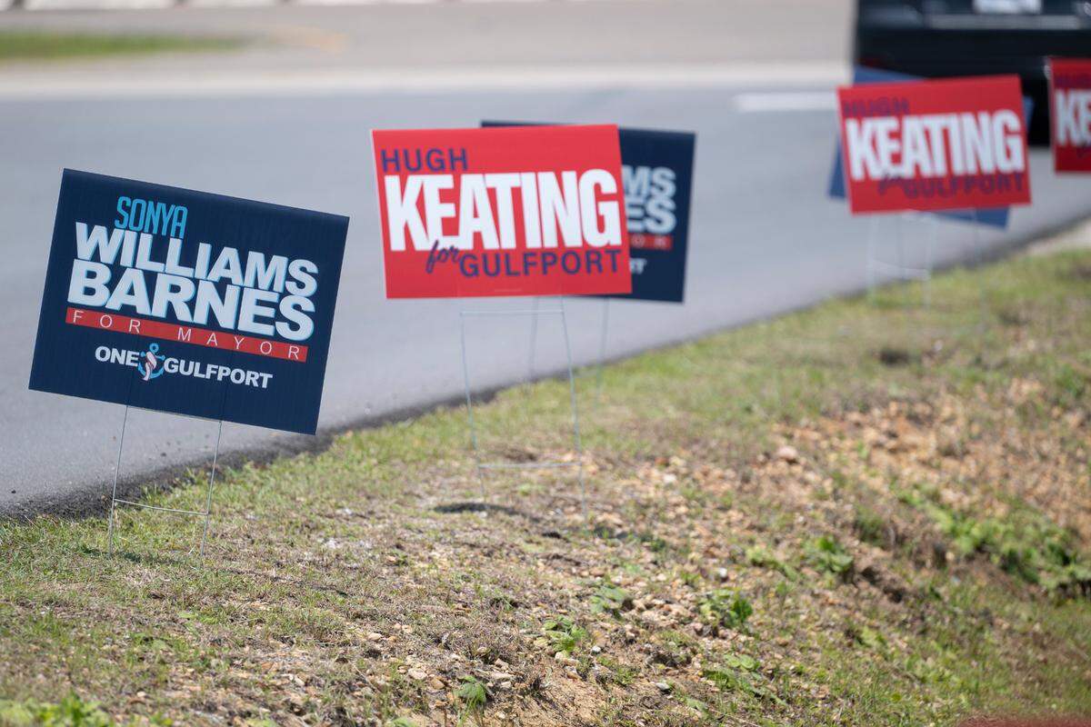 Campaign signs for mayoral candidates Sonya Williams Barnes and Hugh Keating outside Lyman Community Center in Gulfport on Tuesday, June 3, 2025.