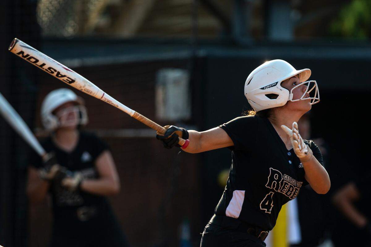 George County Lady Rebels’ Irina Sanford hits a pitch during the 5A 2023 MHSAA Softball Championship game at USM Softball Complex in Hattiesburg on Thursday, May 18, 2023.