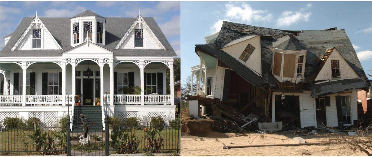 The house at 502 North Beach Boulevard in Bay St. Louis, before and after Katrina.
