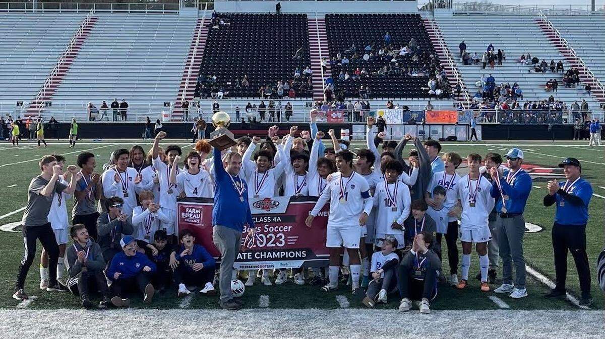 The Bay High boy’s soccer team poses after winning the 2023 4A state championship in Brandon, Mississippi.