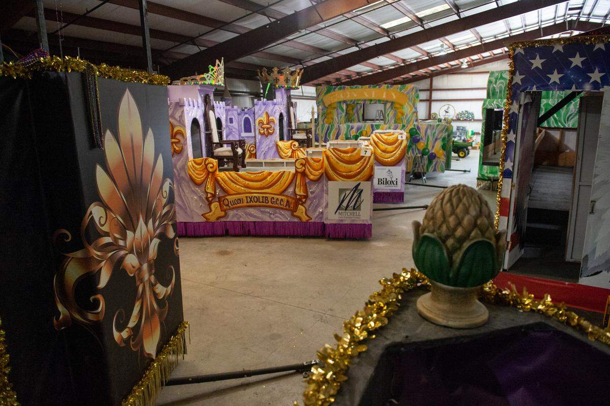 Mardi Gras floats at the Gulf Coast Carnival Association Float Den in Biloxi on Wednesday, Jan. 10, 2024. The Gulf Coast Carnival Association has 28 floats that will ride in the parade in addition to other private floats.
