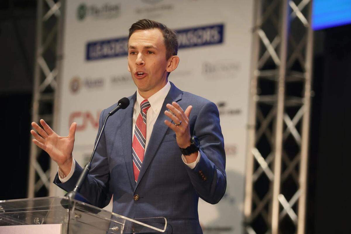 State Auditor Shad White speaks during the Mississippi Economic Council’s 2023 Hobnob at the Mississippi Coliseum in Jackson. 