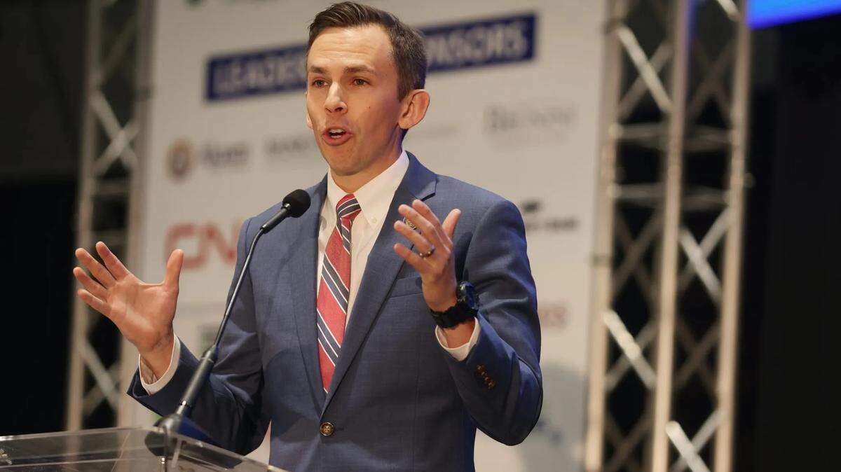 Shad White speaks during the Mississippi Economic Council’s 2023 Hobnob at the Mississippi Coliseum in Jackson.