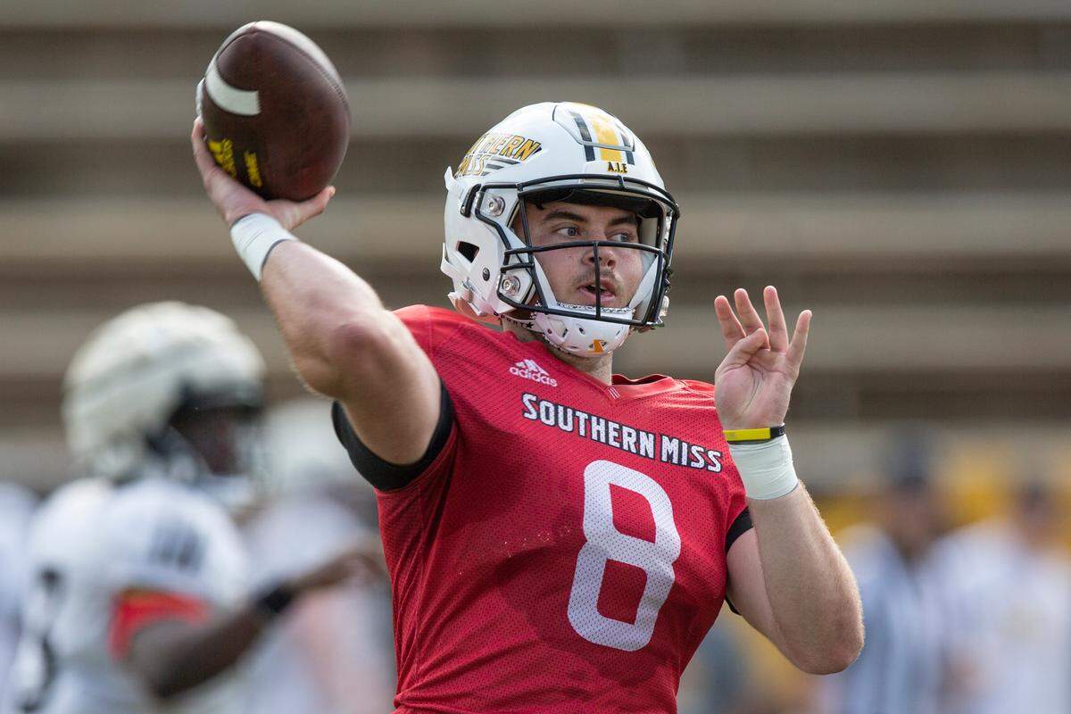 Southern Miss quarterback Billy Wiles throws a pass during a scrimmage at M.M. Roberts Stadium in Hattiesburg on Saturday, March 25, 2023.