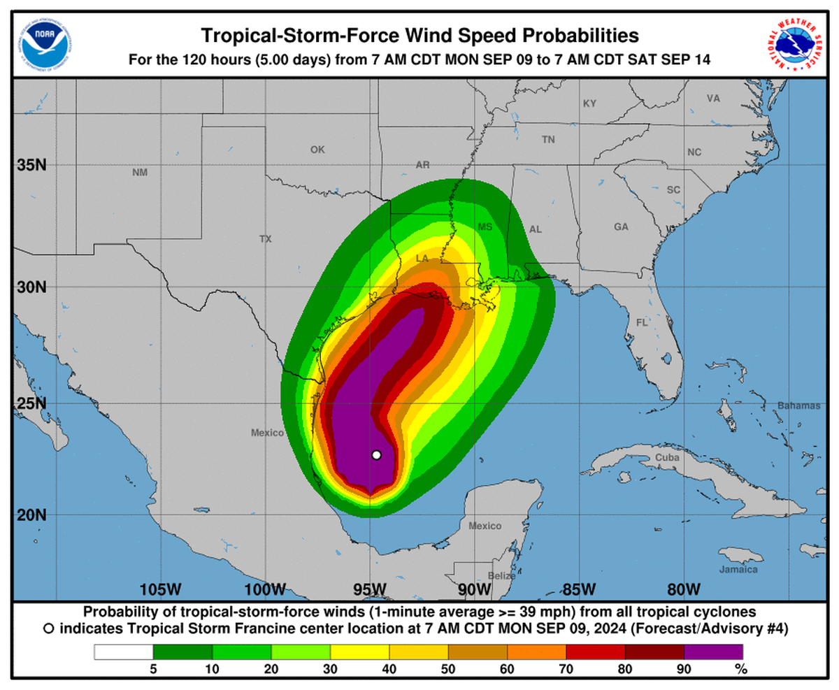Hancock County has a 20 to 30 percent percent chance of tropical storm-force winds this week. The rest of the coast has only a 10 to 20 percent chance of tropical storm winds.