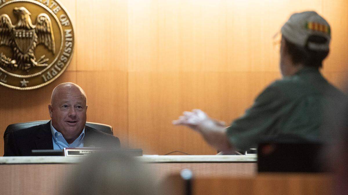 Irby Tillman addresses Randy Bosarge during a Board of Supervisors meeting on the possible sale of the Singing River Health System in Pascagoula on Wednesday, Aug. 17, 2022. Tillman started a petition to bring the sale to a public vote.